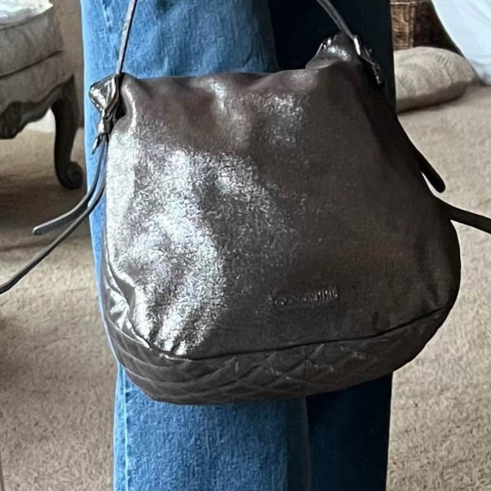 AUTHENTIC Jimmy Choo Metallic gray Leather Zip Hobo Bag